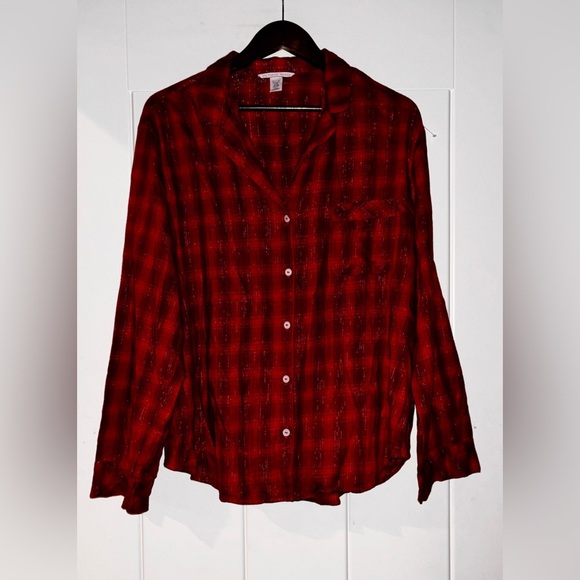 Victoria Secret Metallic Red Plaid Flannel PJ 2PC Pajama Set Women‎ L Lounging - Picture 1 of 15